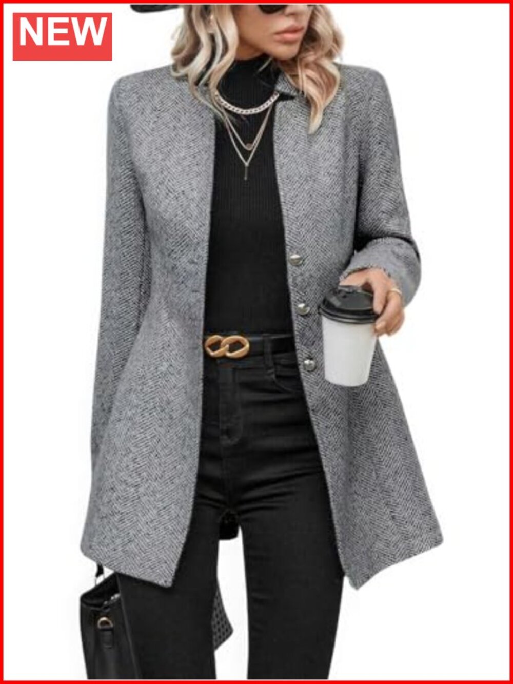 Women's Casual Herringbone Wool Blend Blazer Jacket Notched Collar